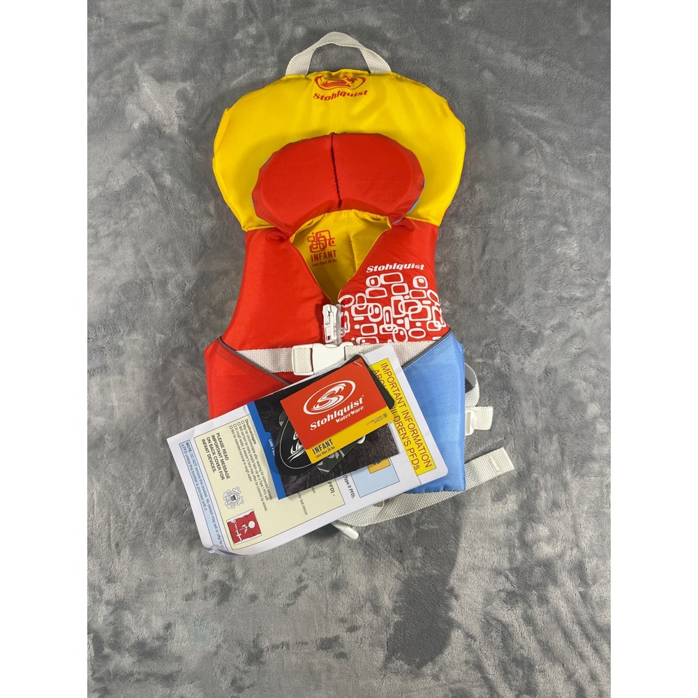 Stohlquist Infant Life Jacket PFD Type II Vest Less Than 30 lbs Red Yellow Blue